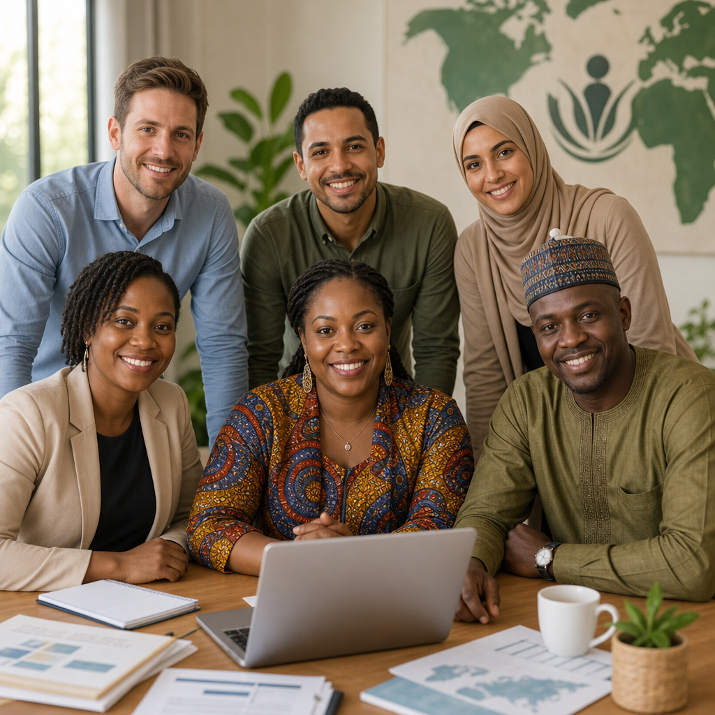 Diverse humanitarian team in Nigeria reviewing community support plans together