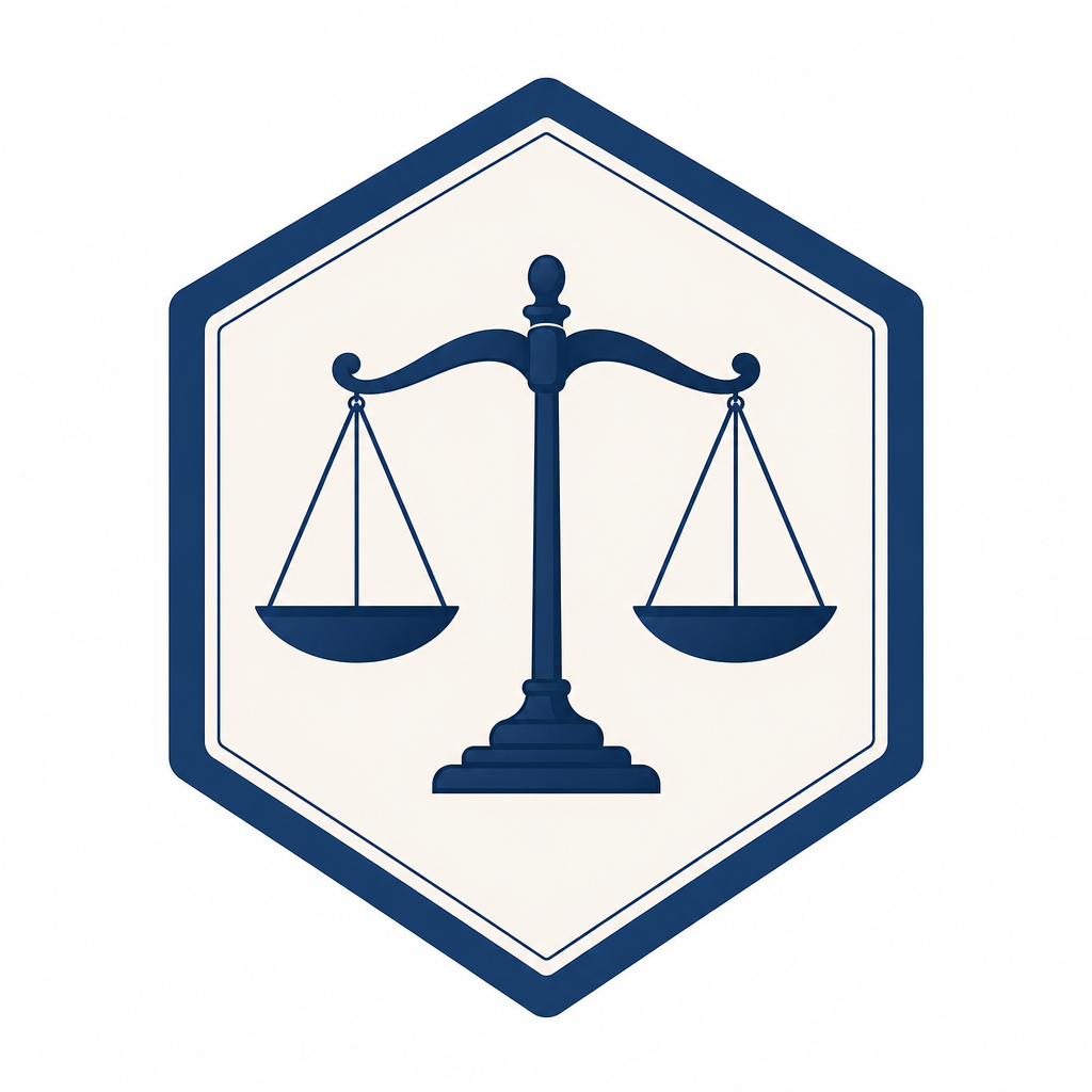Hexagonal placeholder logo for a legal aid partner, featuring a deep blue outline and balanced scales icon