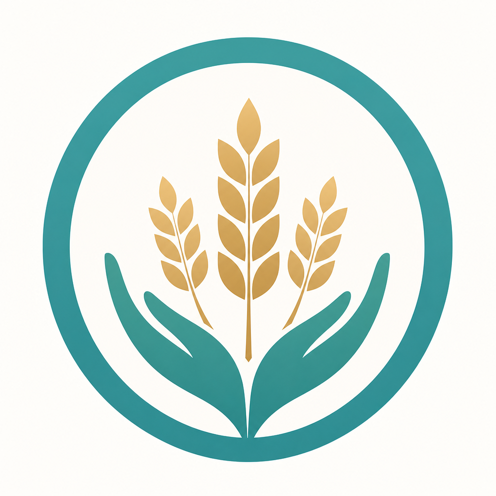 Circular placeholder logo for a humanitarian relief foundation, featuring a soft teal ring with a minimal wheat emblem