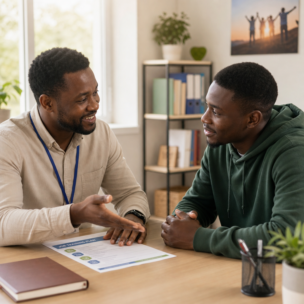 A supportive case worker and a returning community member review a job training plan together in a bright, welcoming office