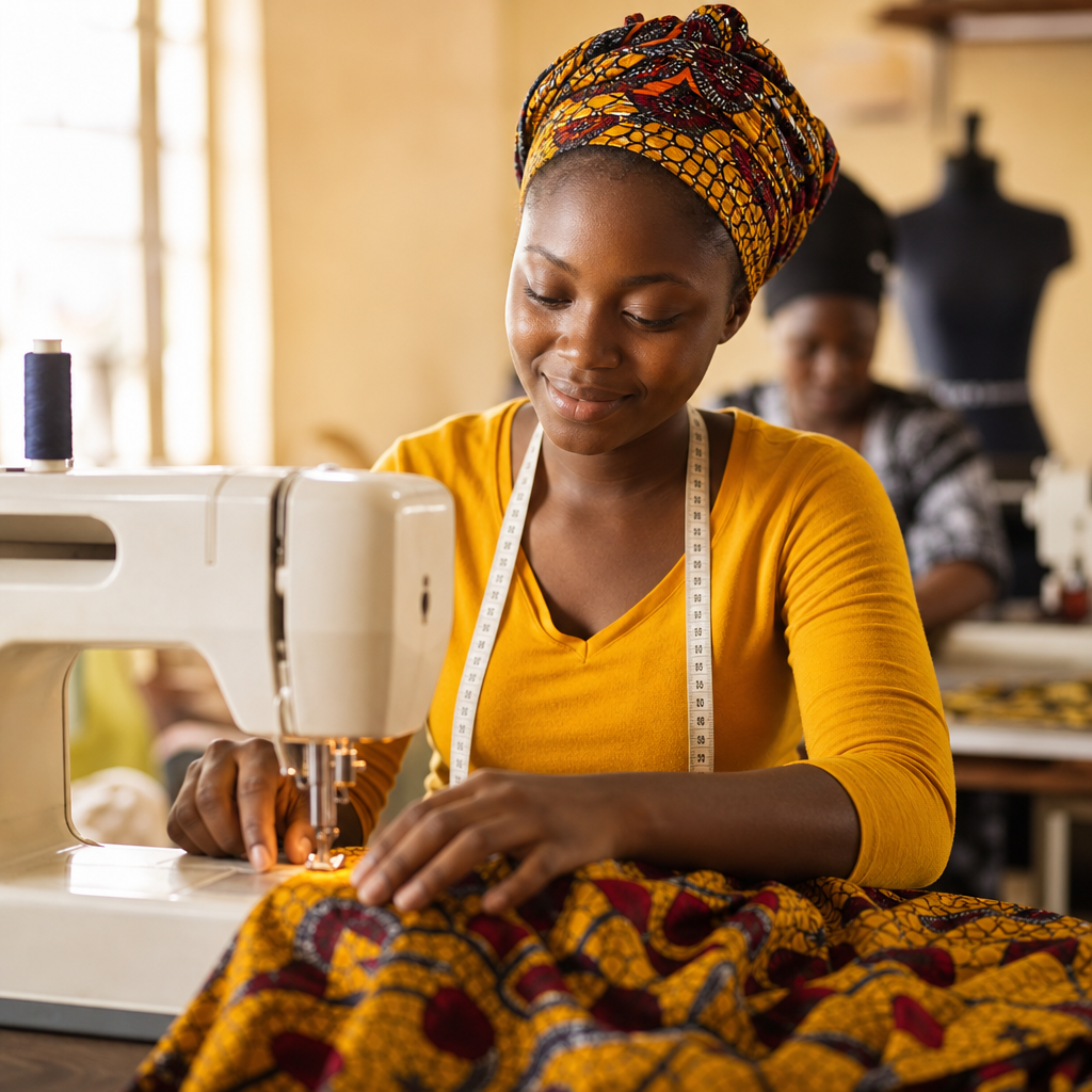 Former trainee learning tailoring skills with a sewing machine