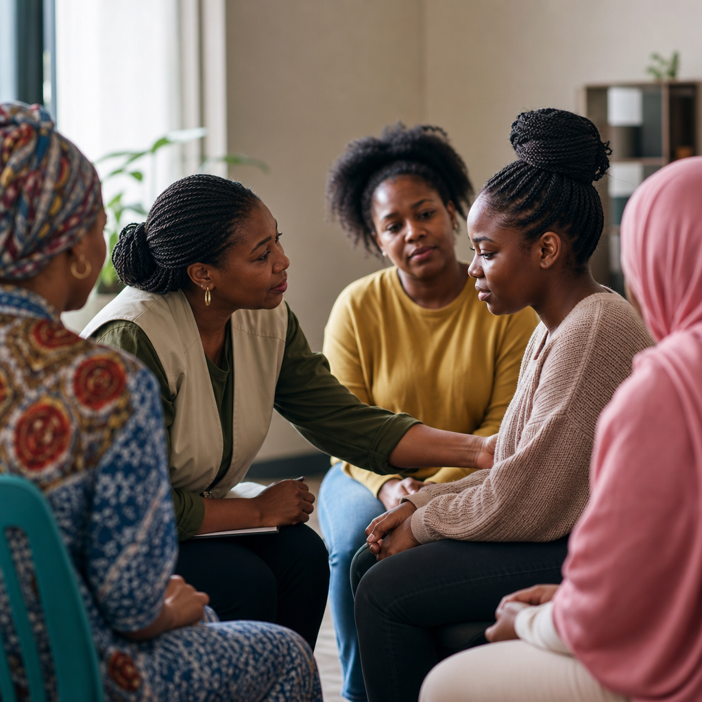 Social worker speaking with a young woman in a support circle