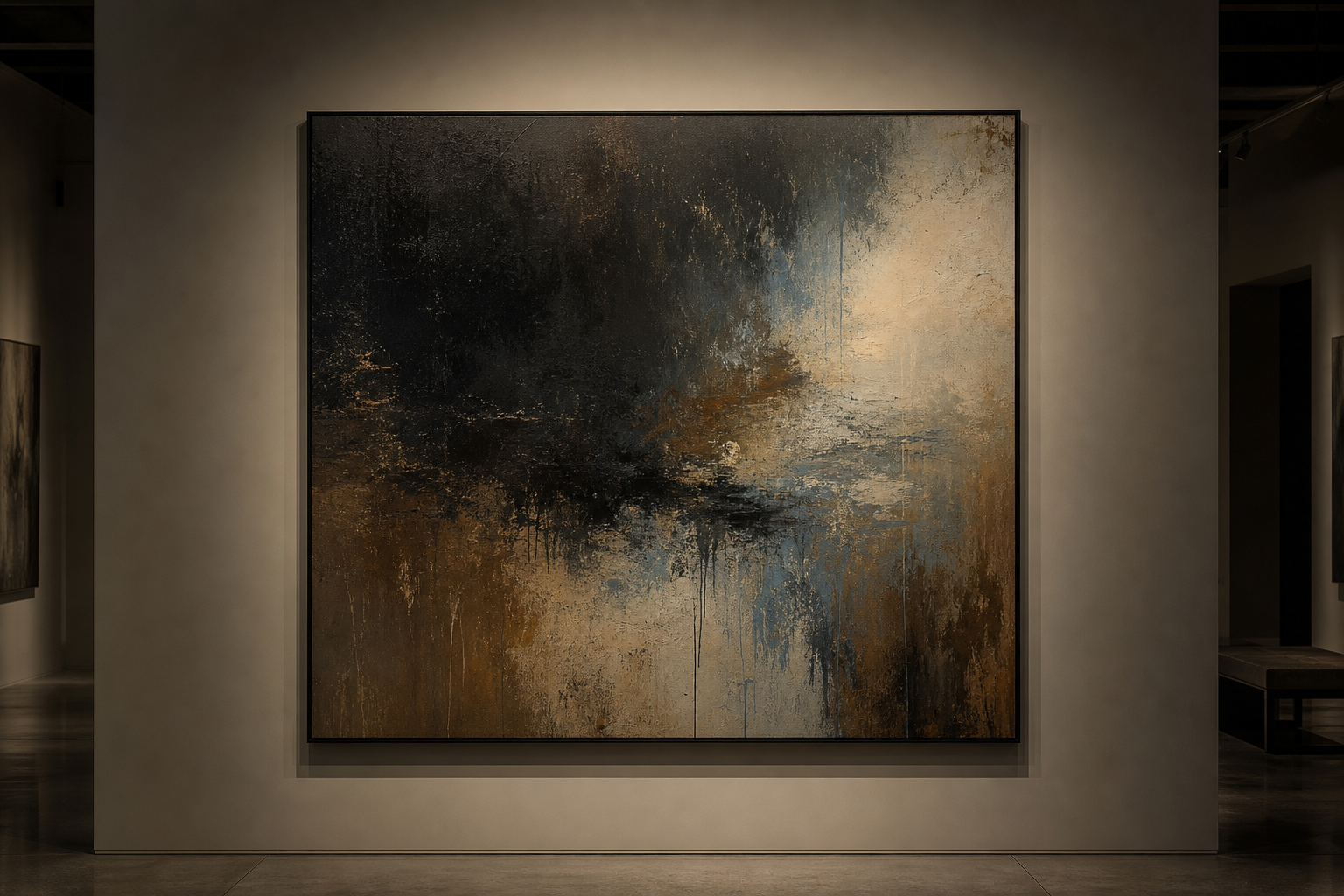 Large contemporary original painting with layered brushwork, atmospheric light, and rich tonal contrast suited for a premium gallery hero