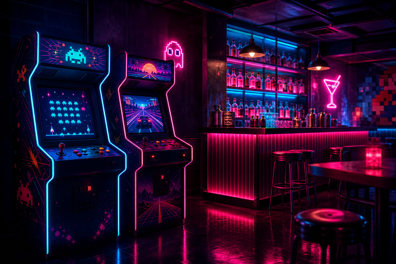 Stylized neon arcade corner inside Pixel Pulse with glowing cabinets, backlit bottles, and reflective bar surfaces