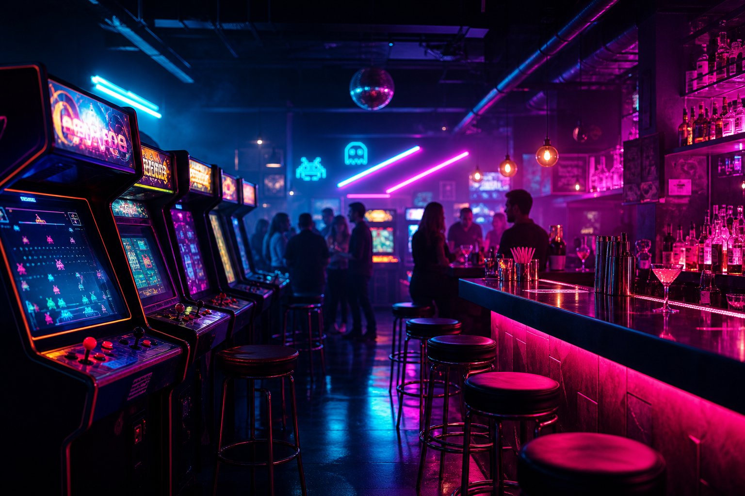 Stylized retro arcade bar interior with neon cabinet rows, glowing cocktail bar, and cinematic late-night atmosphere