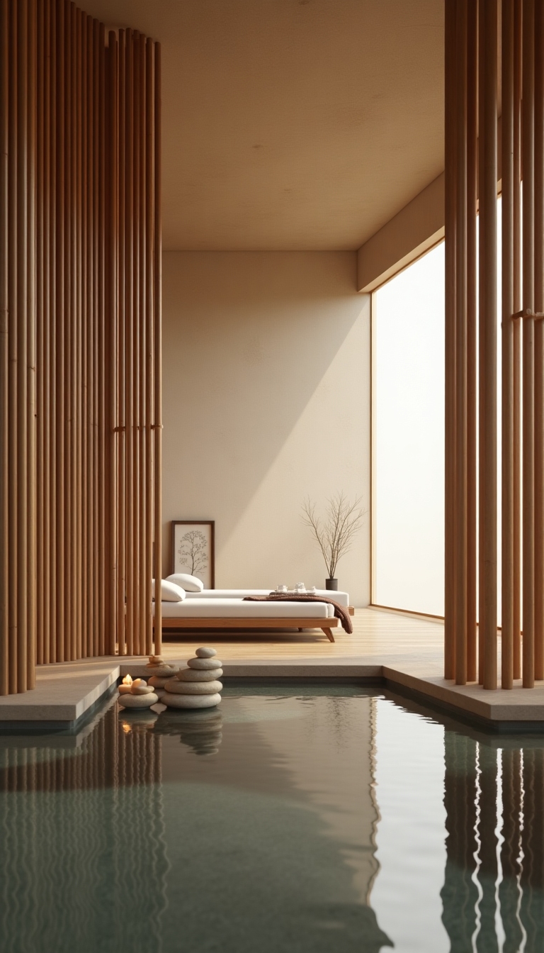 Serene Japanese spa interior with vertical bamboo screens, smooth river stones, and a softly lit water basin creating a tranquil, minimalist atmosphere