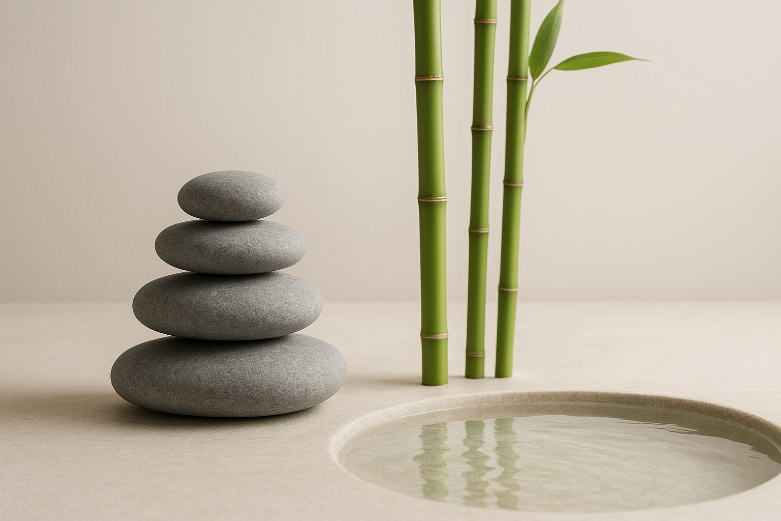 Minimal Japanese spa scene with smooth river stones, slender bamboo, and a calm pool of water in soft natural light