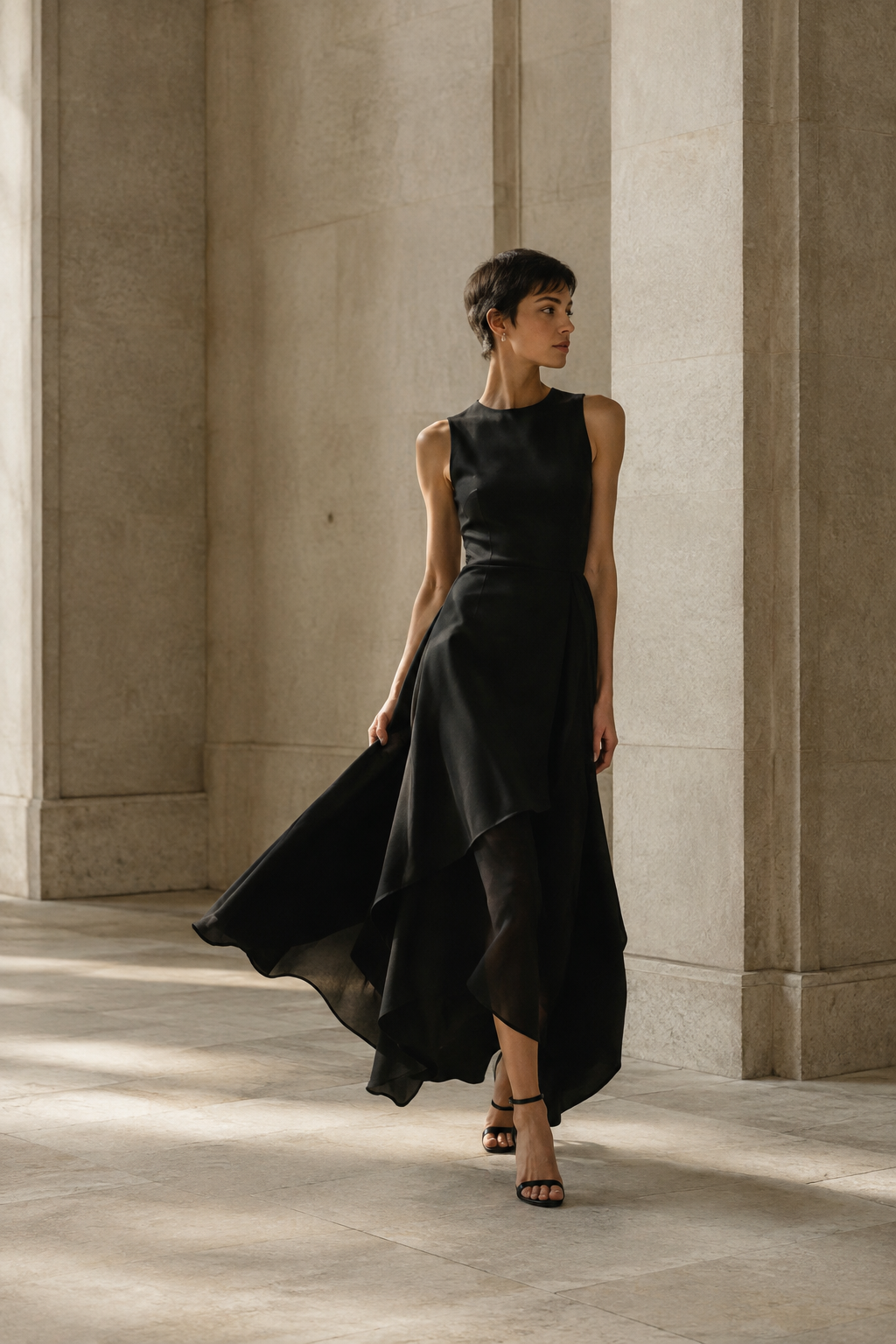 Short-haired model wearing a sculptural black dress in a pale limestone interior