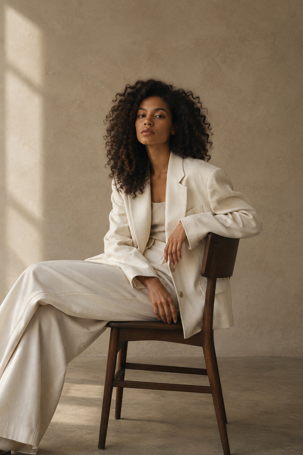 Curly-haired model in an oversized cream tailored suit seated on a dark wooden chair
