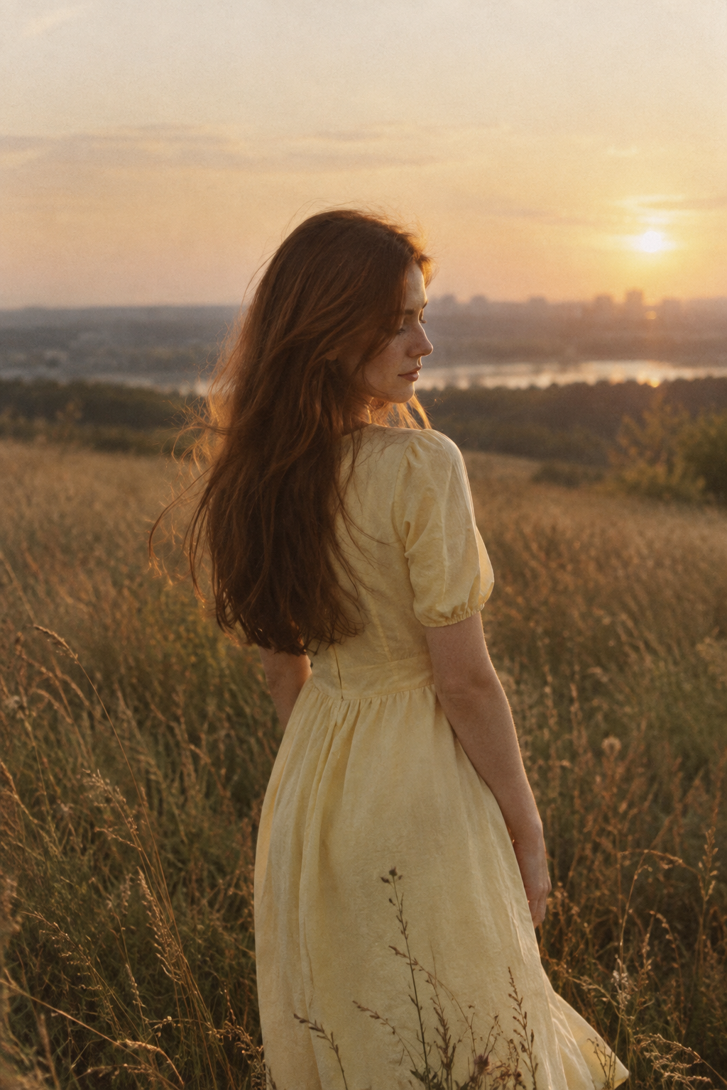 Woman with long auburn hair wearing a butter-yellow cotton dress in a late-summer meadow, photographed with soft film grain