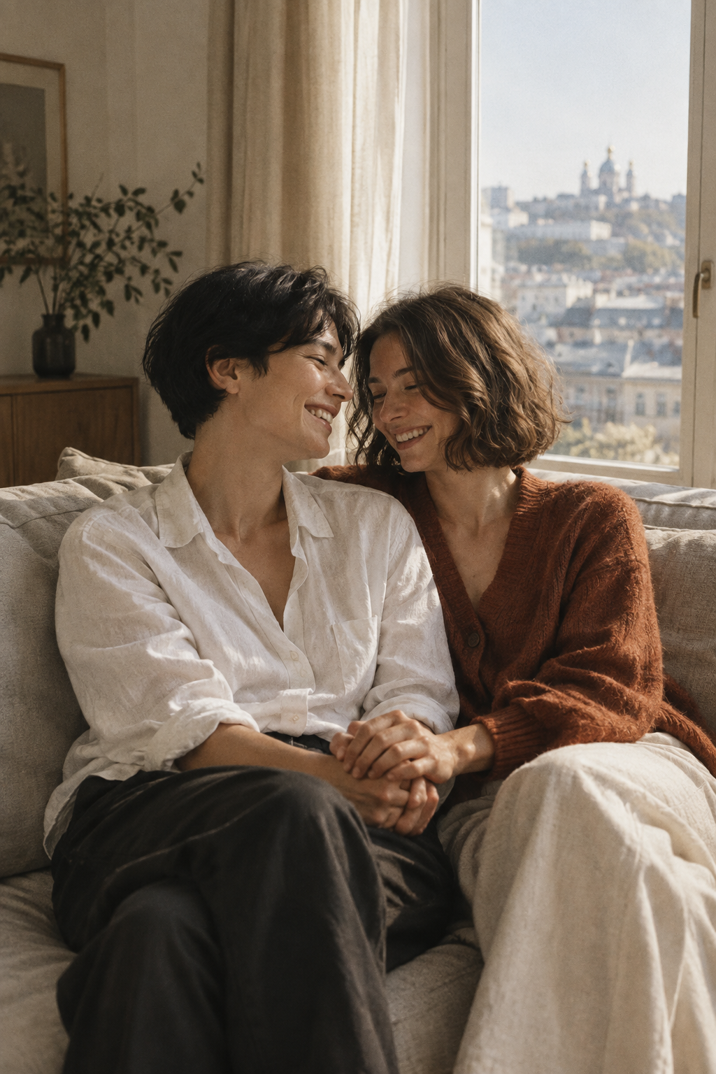 Two partners in a white linen shirt and rust knit cardigan laughing beside a sunlit apartment window