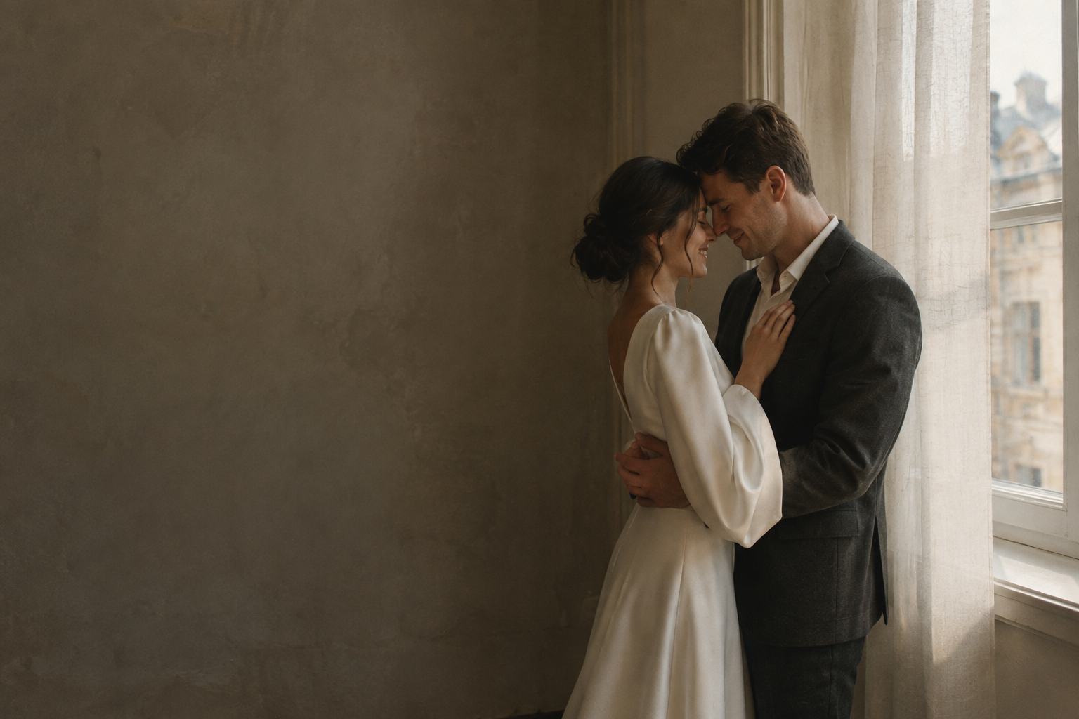 A bride and groom sharing a quiet embrace beside a sunlit window, photographed with warm, film-like tones.