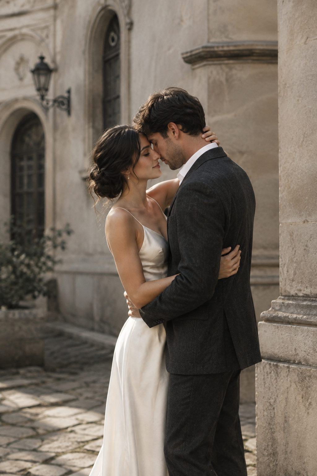 Bride in an ivory silk gown and groom in a charcoal suit embracing beside a historic Kyiv courtyard