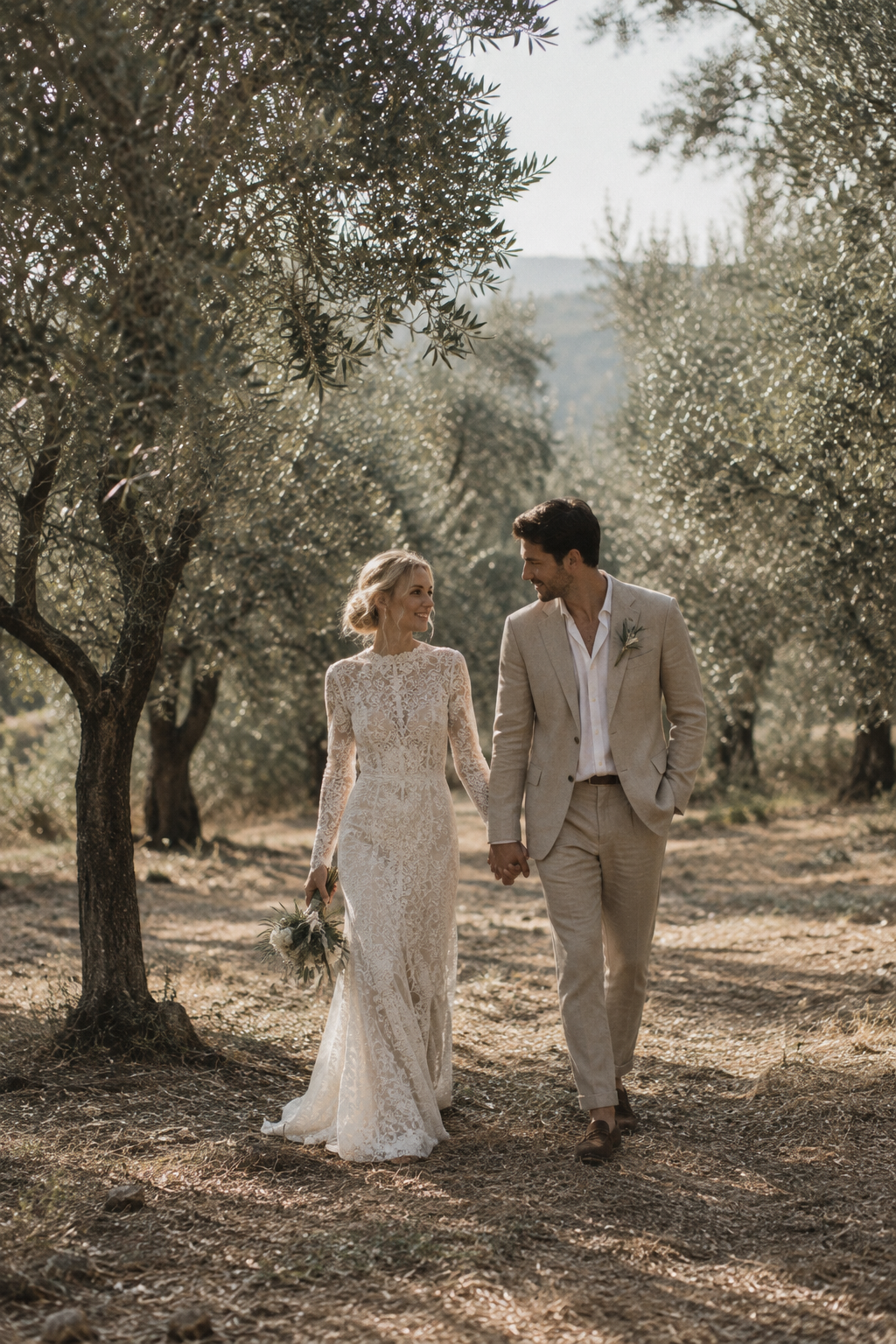 Bride in a lace wedding dress and groom in a sand-colored suit walking through an olive grove