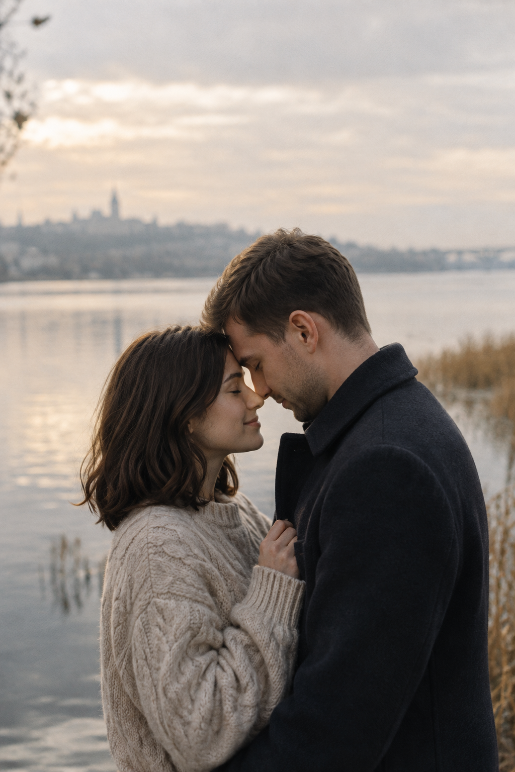 Couple in an oatmeal sweater and navy wool coat sharing a quiet moment beside the Dnipro
