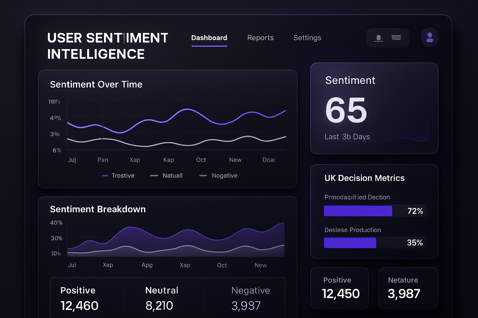 Dashboard preview showing sentiment trends, UX insight charts, and product decision metrics