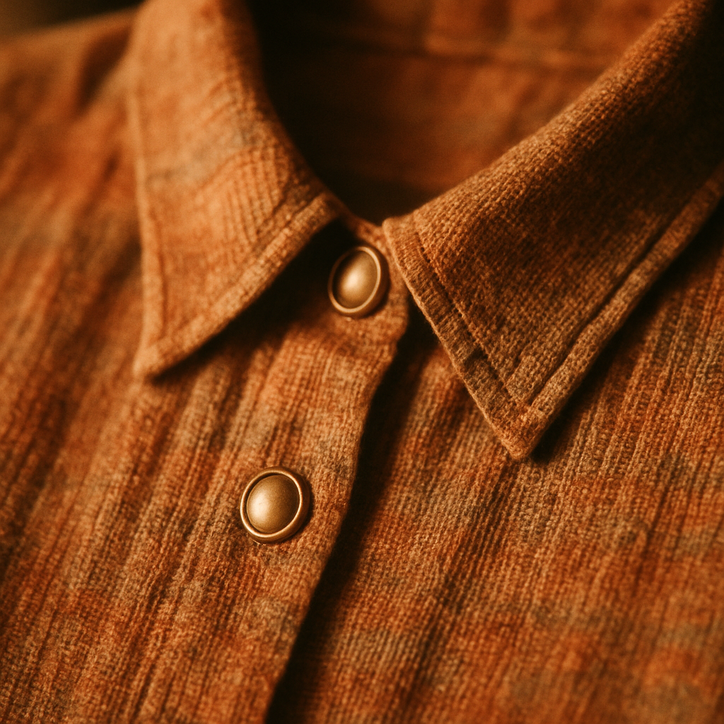 Close-up film photograph of a vintage blouse collar with textured fabric and brass buttons, warm nostalgic lighting