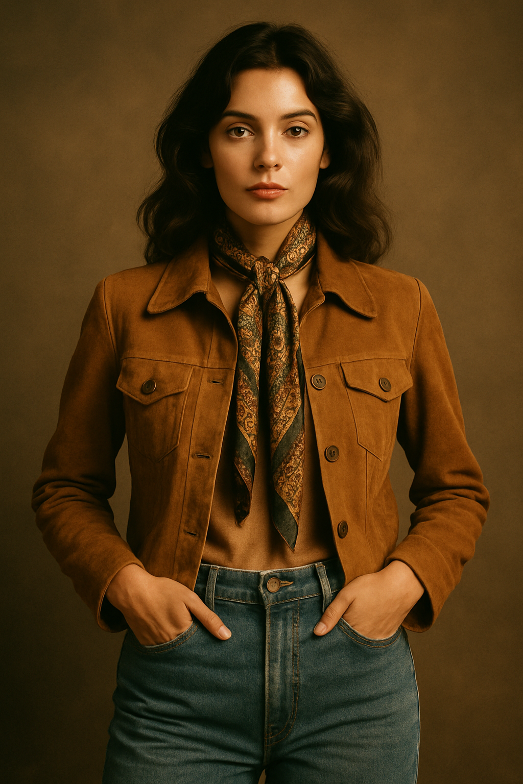 Studio-lit fashion editorial portrait of a woman wearing a 1970s suede jacket and high-waisted denim, warm film tones