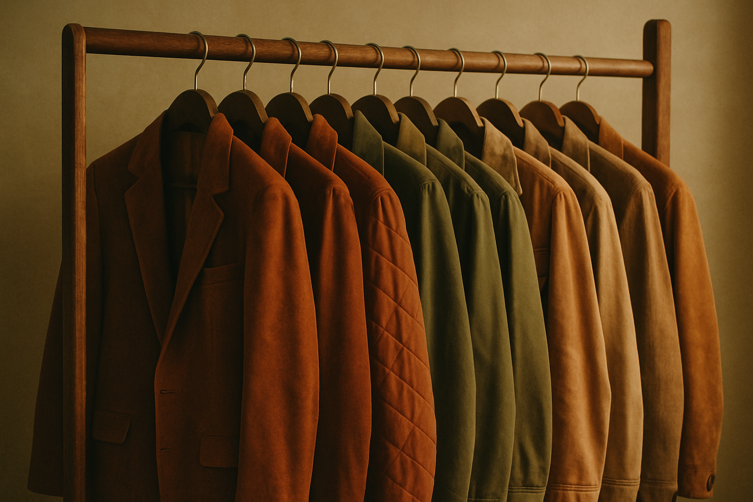Warm film-style photo of a wooden rack filled with curated 70s and 80s vintage jackets in earthy tones, styled like a boutique editorial