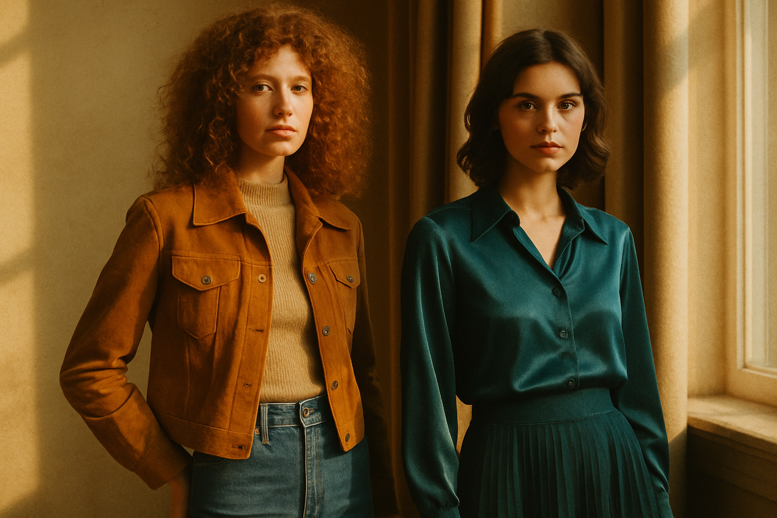 Warm film-style portrait of two vintage-clad models in 70s and 80s outfits, one in a caramel suede jacket and the other in a deep teal satin blouse, standing in golden window light