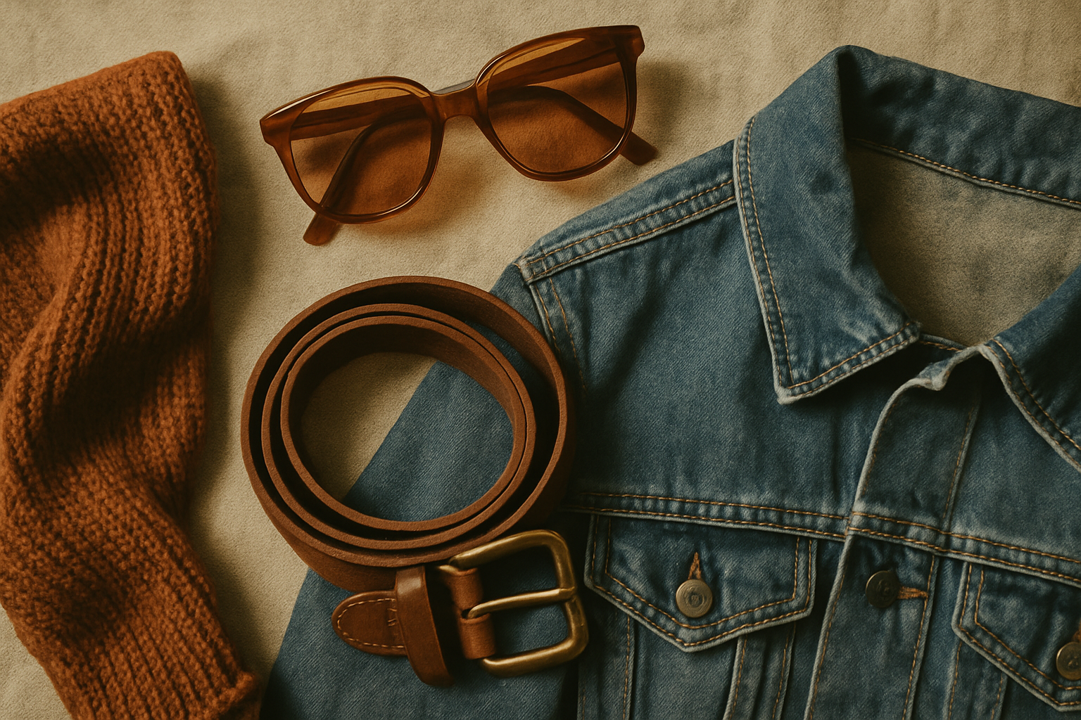 Top-down film-inspired flatlay of vintage accessories: a brown leather belt, amber sunglasses, rust knit scarf, and a faded indigo denim jacket on a textured linen surface