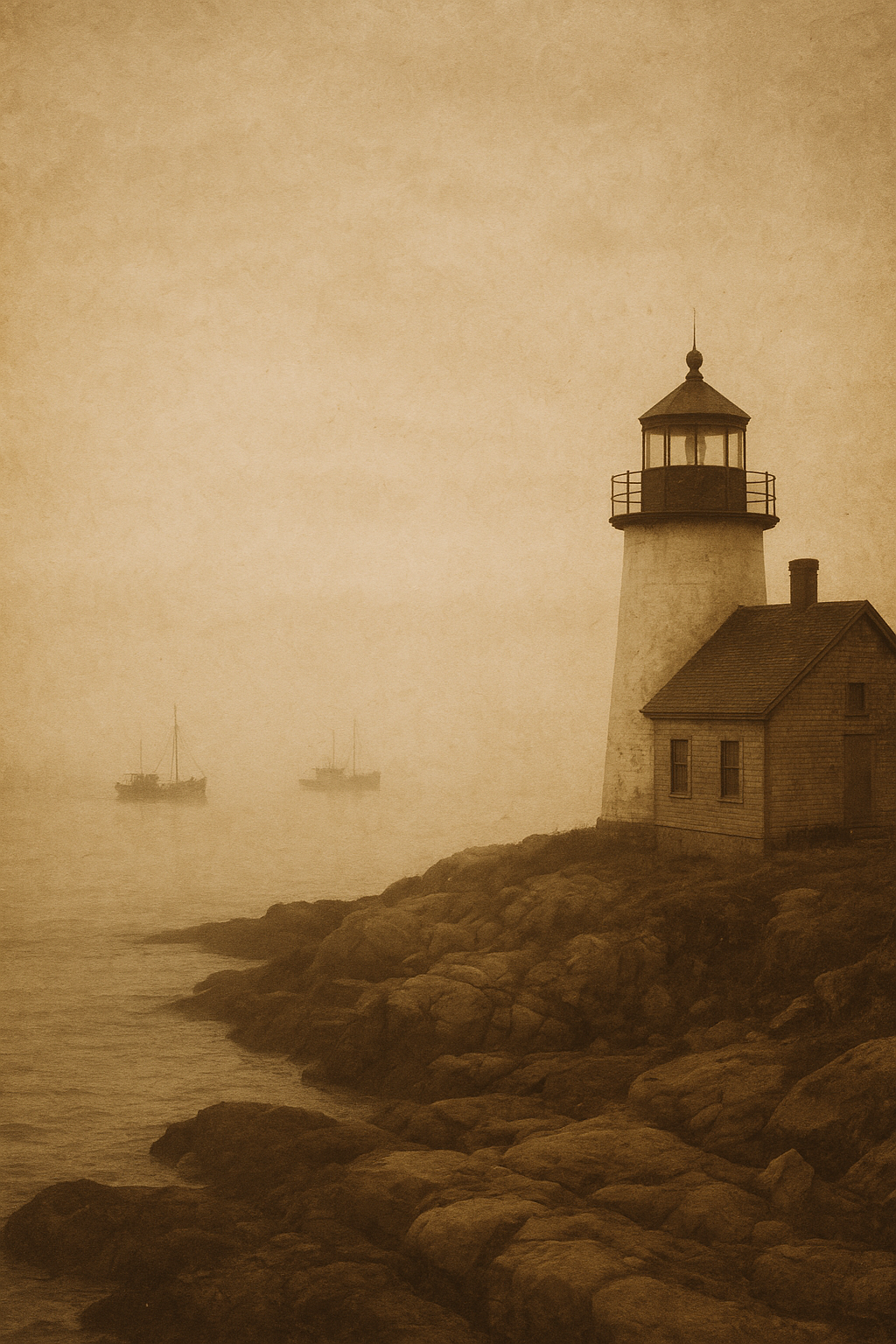Faded archival harbor view with a lighthouse station on a rocky point, soft sea haze, and warm documentary film tones