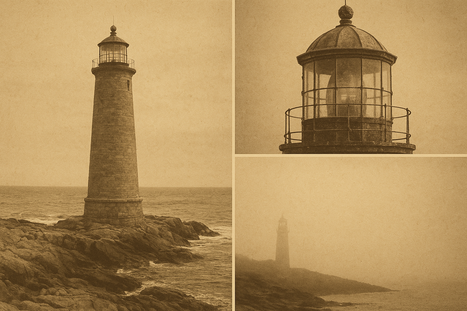 A sepia-toned contact-sheet style collage of northern coast lighthouse archive photographs