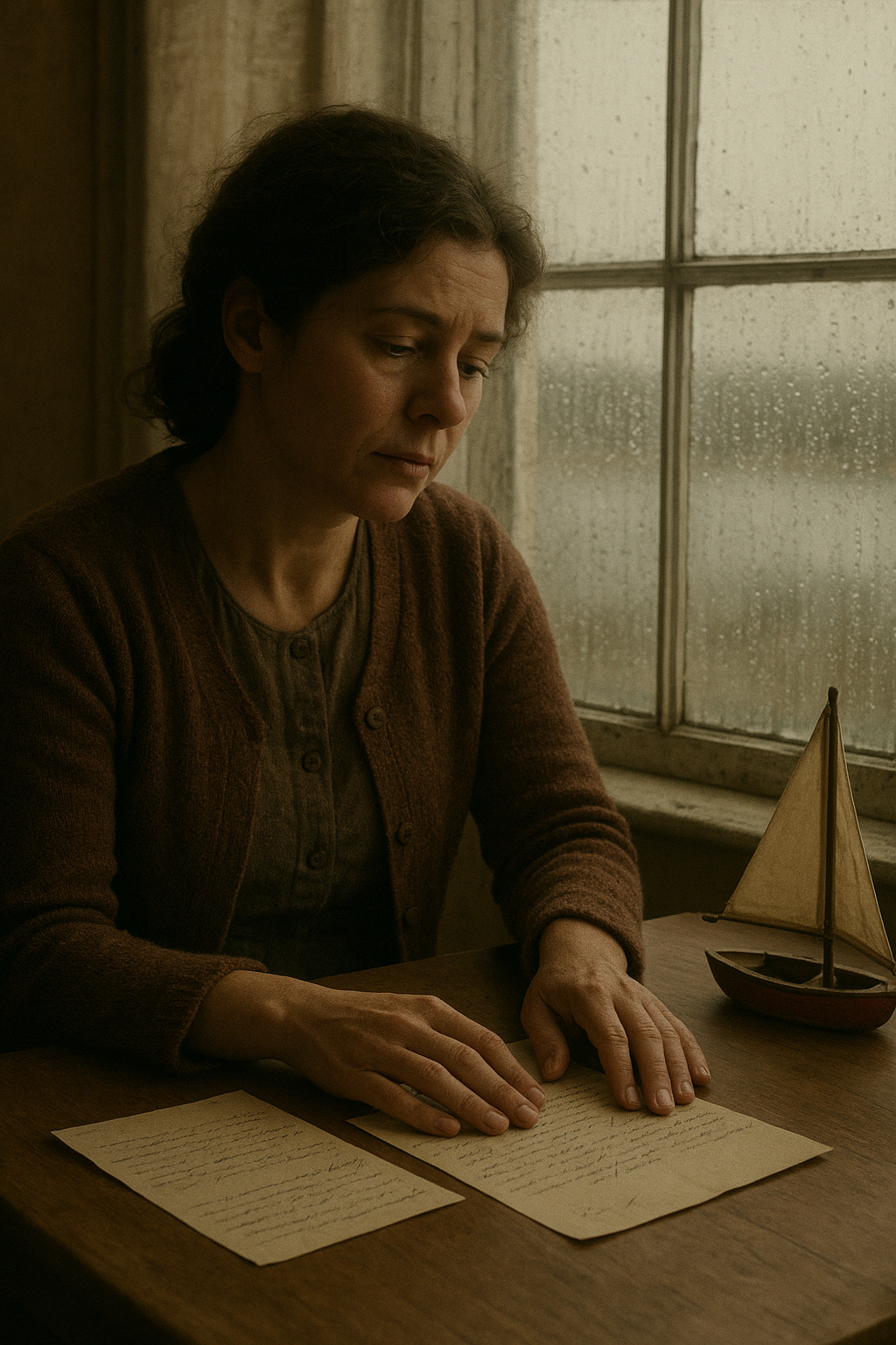 Lighthouse keeper spouse seated at a small table with letters and a childs toy boat near a rain-streaked window