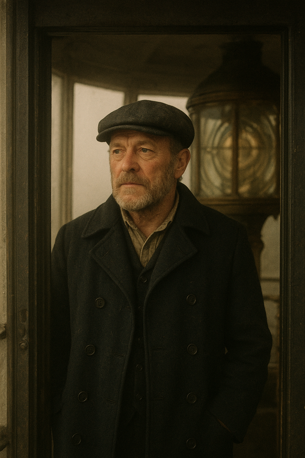 Middle-aged lighthouse keeper in a dark wool coat standing in a lantern room doorway, weathered face and sea mist beyond