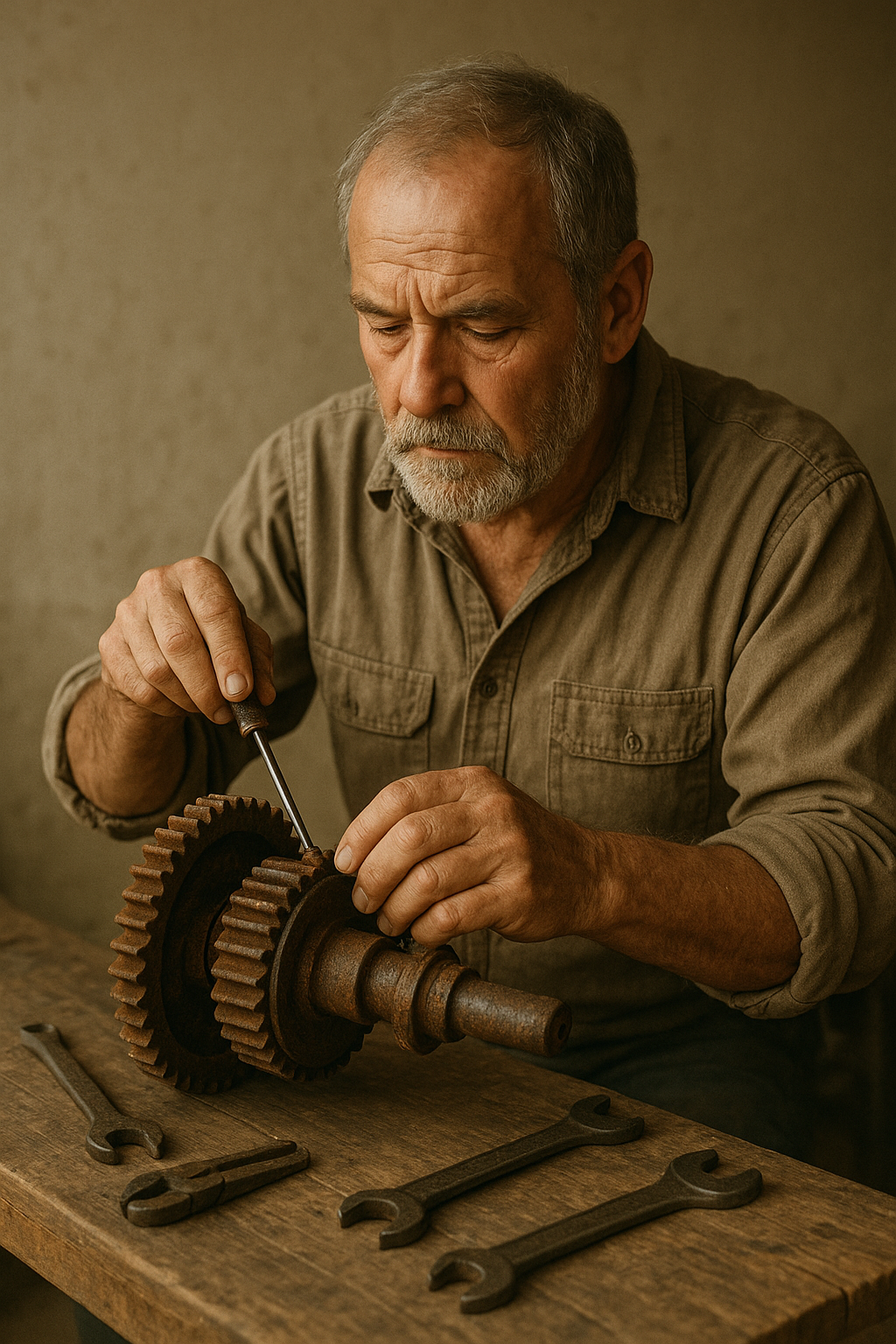 Older lighthouse mechanic with salt-gray beard repairing a metal gear assembly on a wooden workbench