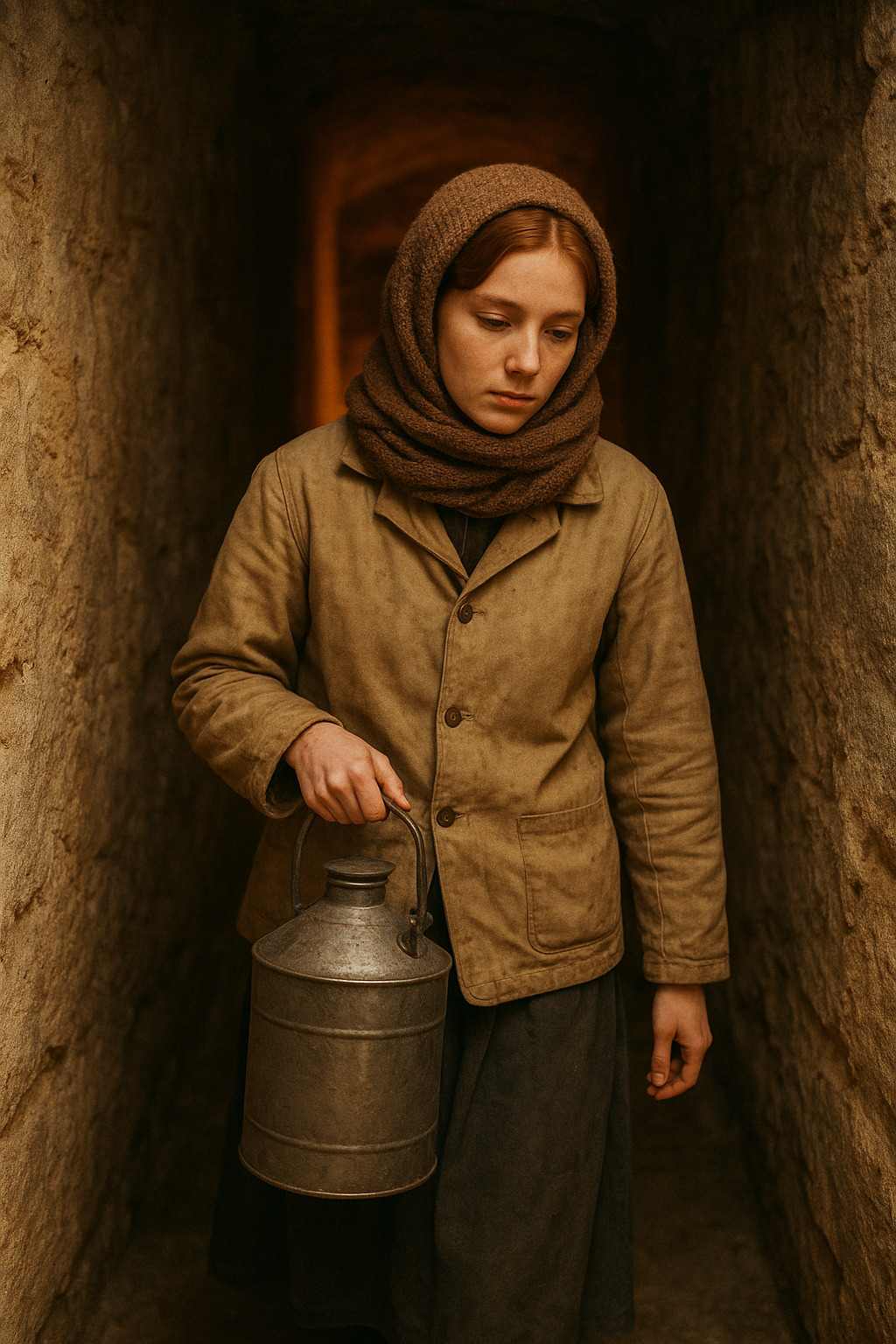 Young woman lighthouse assistant in a heavy knit shawl carrying a kerosene can along a narrow stone passage