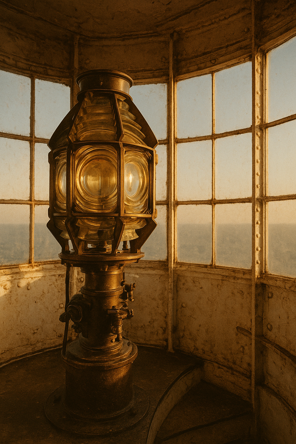Close documentary detail of a lighthouse lantern room with brass fittings, weathered paint, and warm coastal light