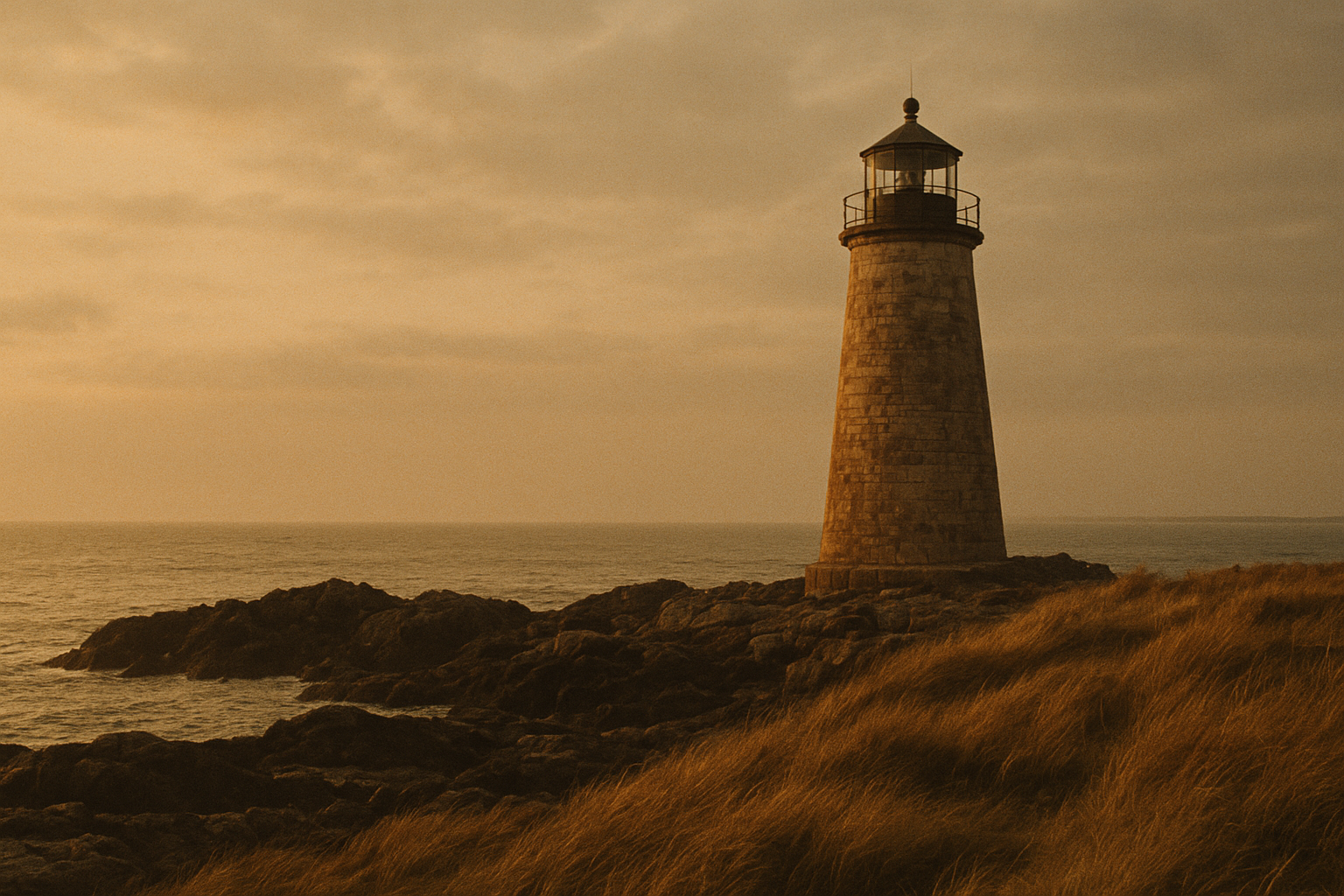 Weathered lighthouse on a northern rocky shoreline at golden coastal light in warm film style