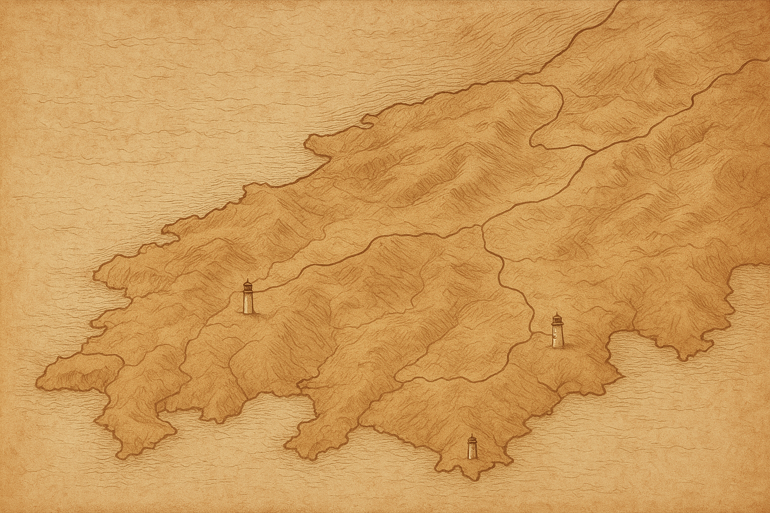 Cartographic-style coastal illustration showing a rugged shoreline, lighthouse markers, route tracing lines, and warm archival paper tones
