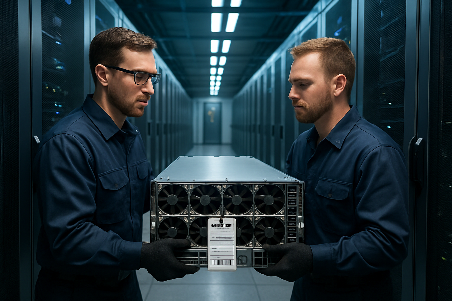 Enterprise data center technicians removing high-end GPU servers from a secure rack with labeled chain-of-custody tags, modern facility lighting