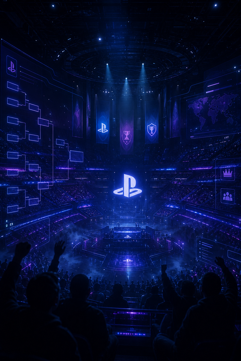 Abstract competitive PlayStation community atmosphere with cinematic arena lighting and digital overlays