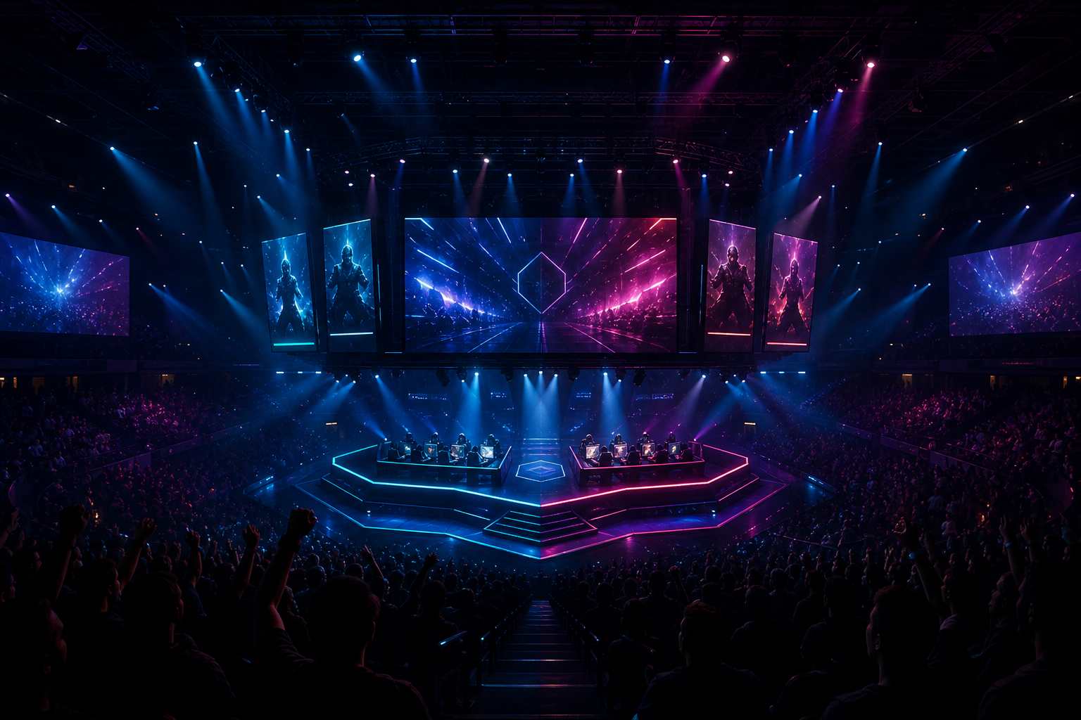 Arena-like match atmosphere with giant display screens, crowd silhouettes, and dramatic stage lighting
