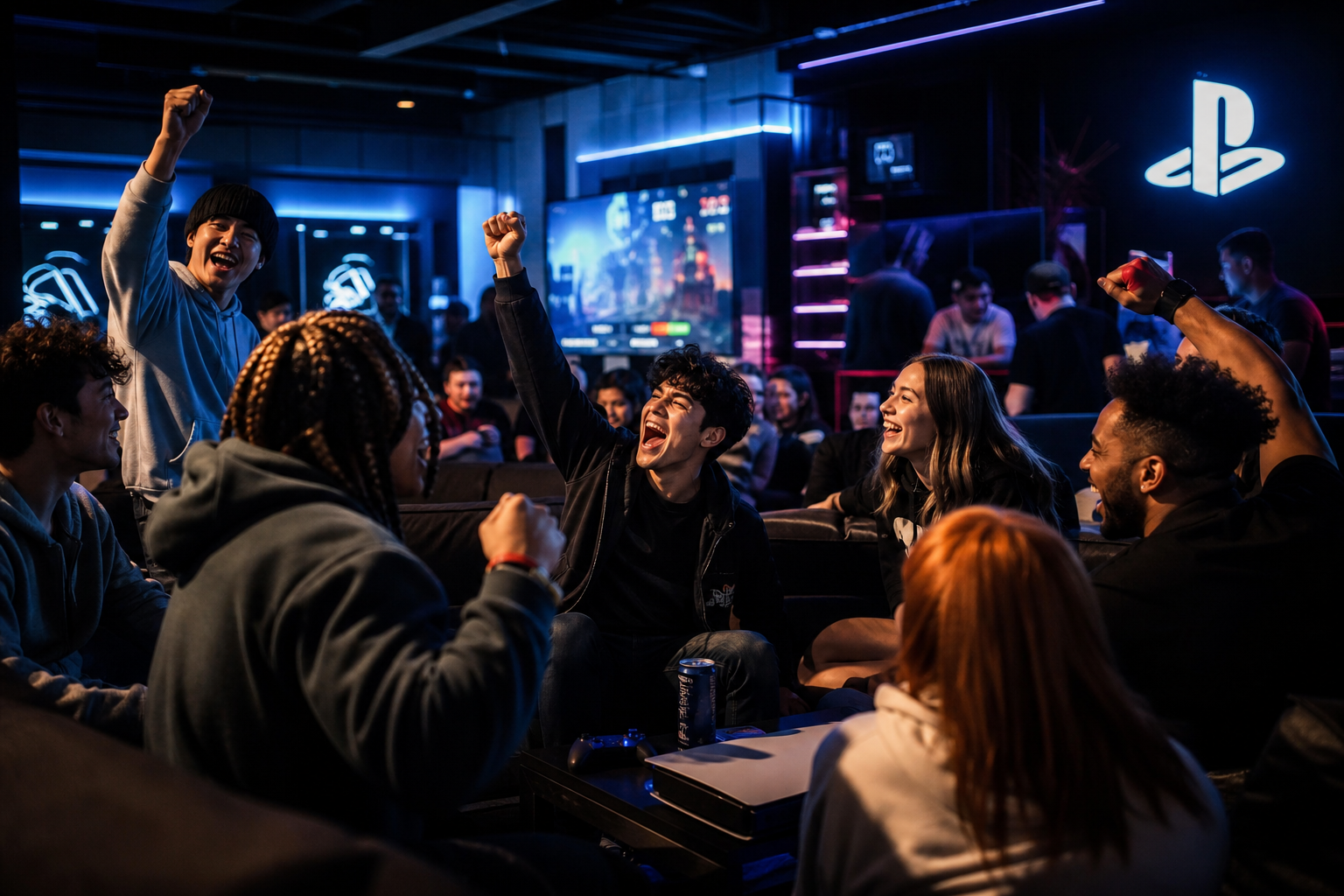 Enthusiastic gaming community moment with friends celebrating a win in a lounge viewing area