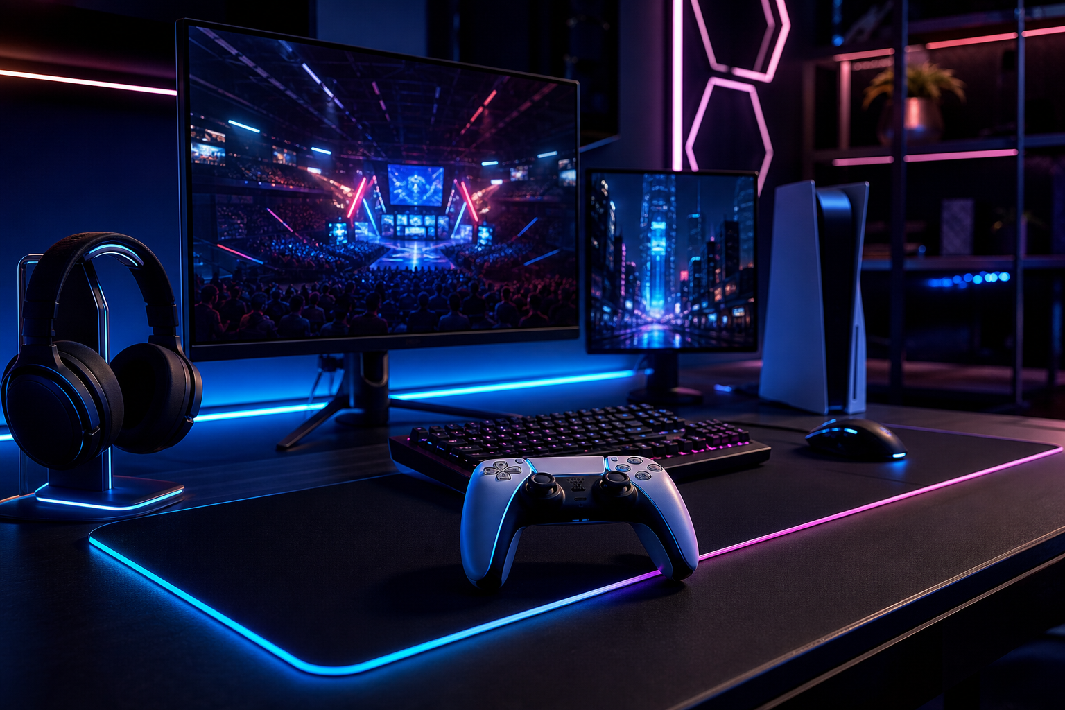 Competitive console setup with dual monitors, headset, controller, and neon-lit desk ready for tournament play