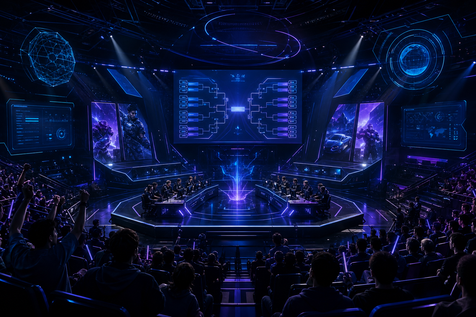 Cinematic PlayStation-style tournament arena with futuristic HUD overlays, dramatic competitive lighting, and abstract energy lines