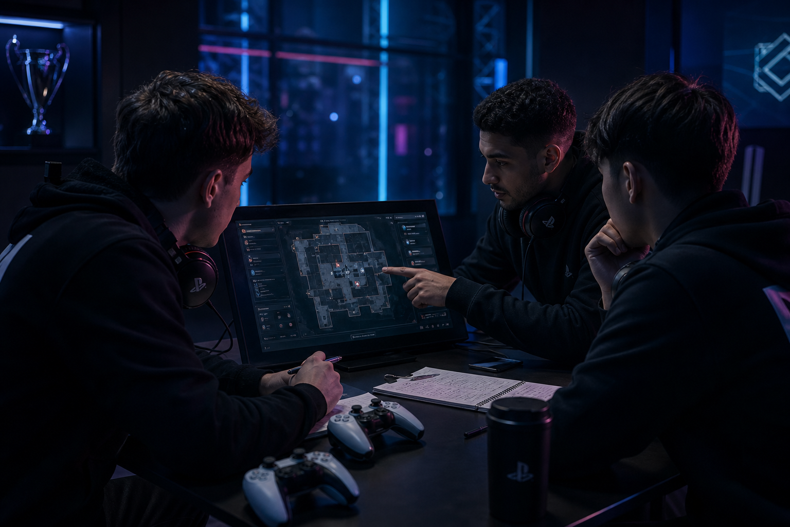 Players reviewing strategy on a tactical display with controllers and notes in a dim gaming room