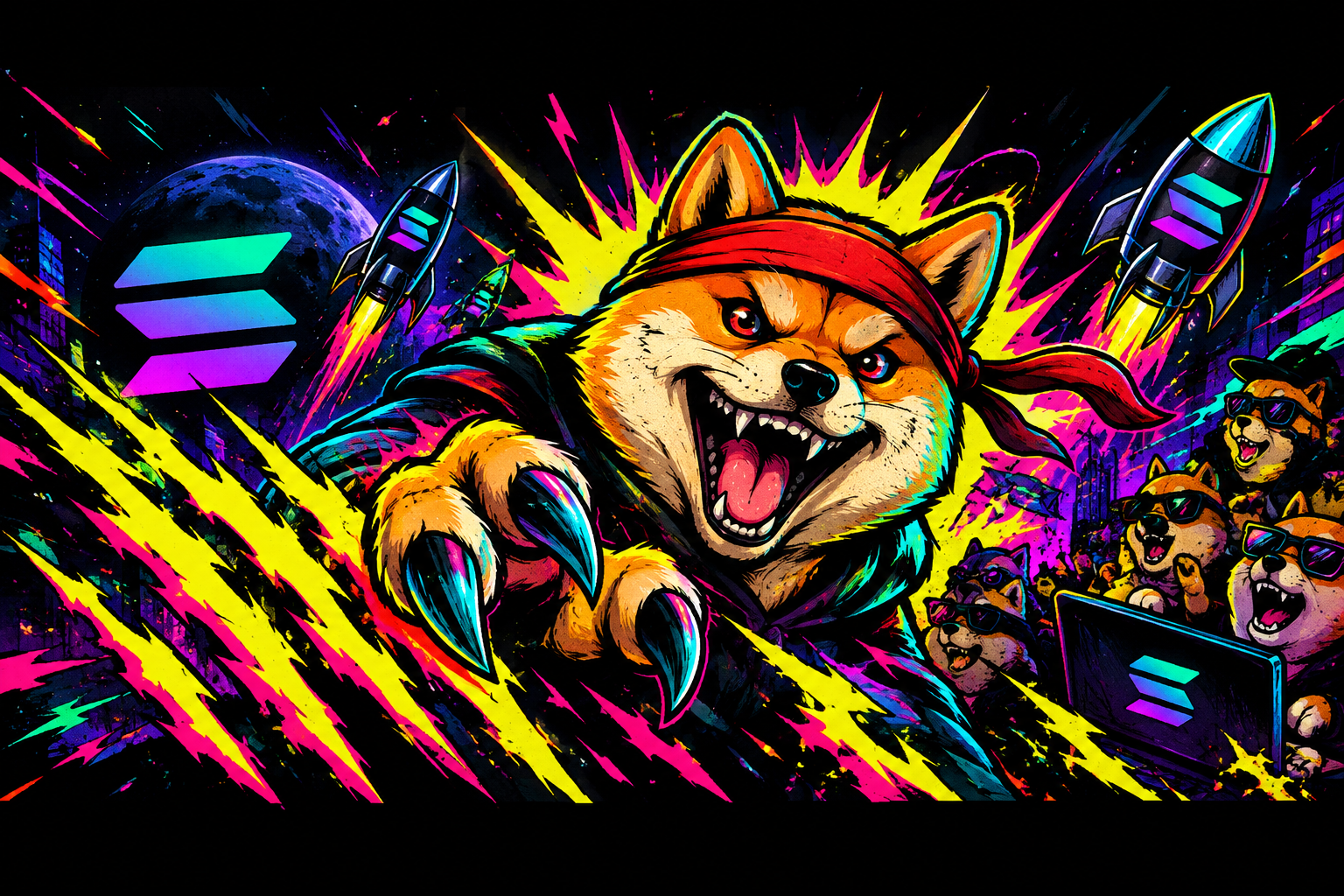 Wide chaotic meme battle banner with neon claw marks and Solana degen energy