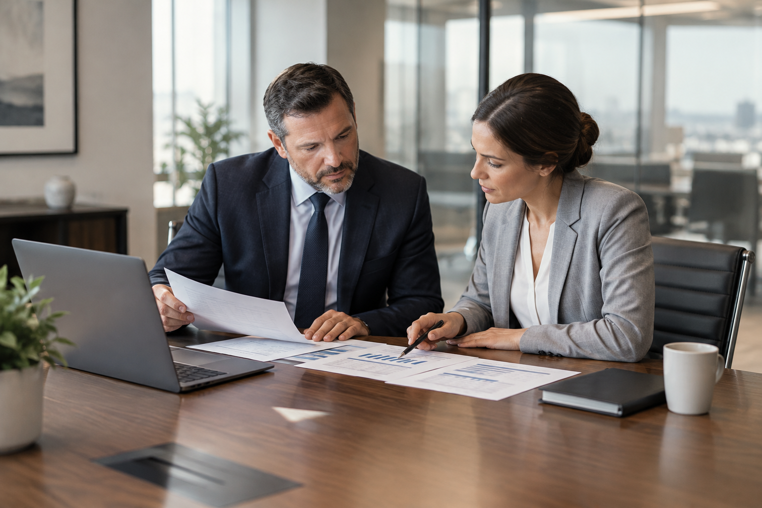 Refined executive office scene with two finance professionals reviewing receivables documents at a clean desk, natural daylight, neutral tones