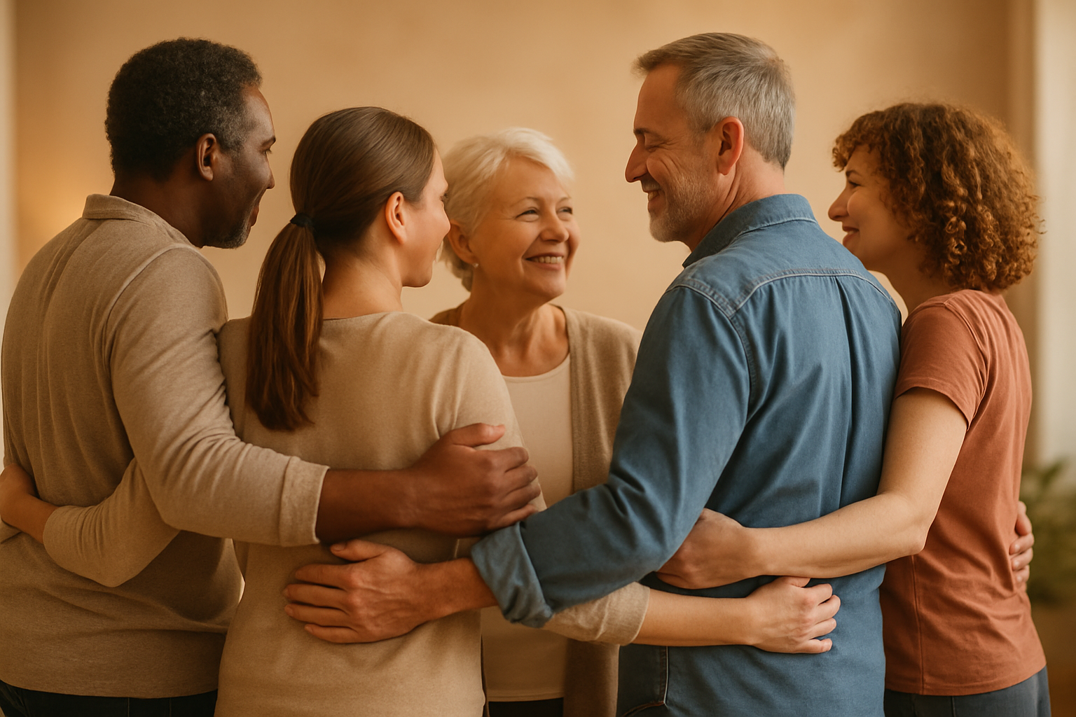 A warm, supportive group of adults standing together with their arms around each other, expressing care and community