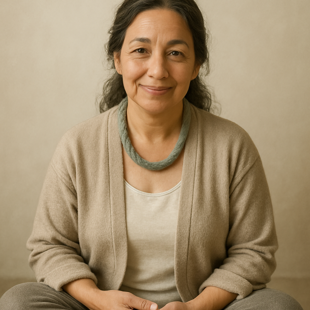 Portrait of a calm meditation guide with soft lighting