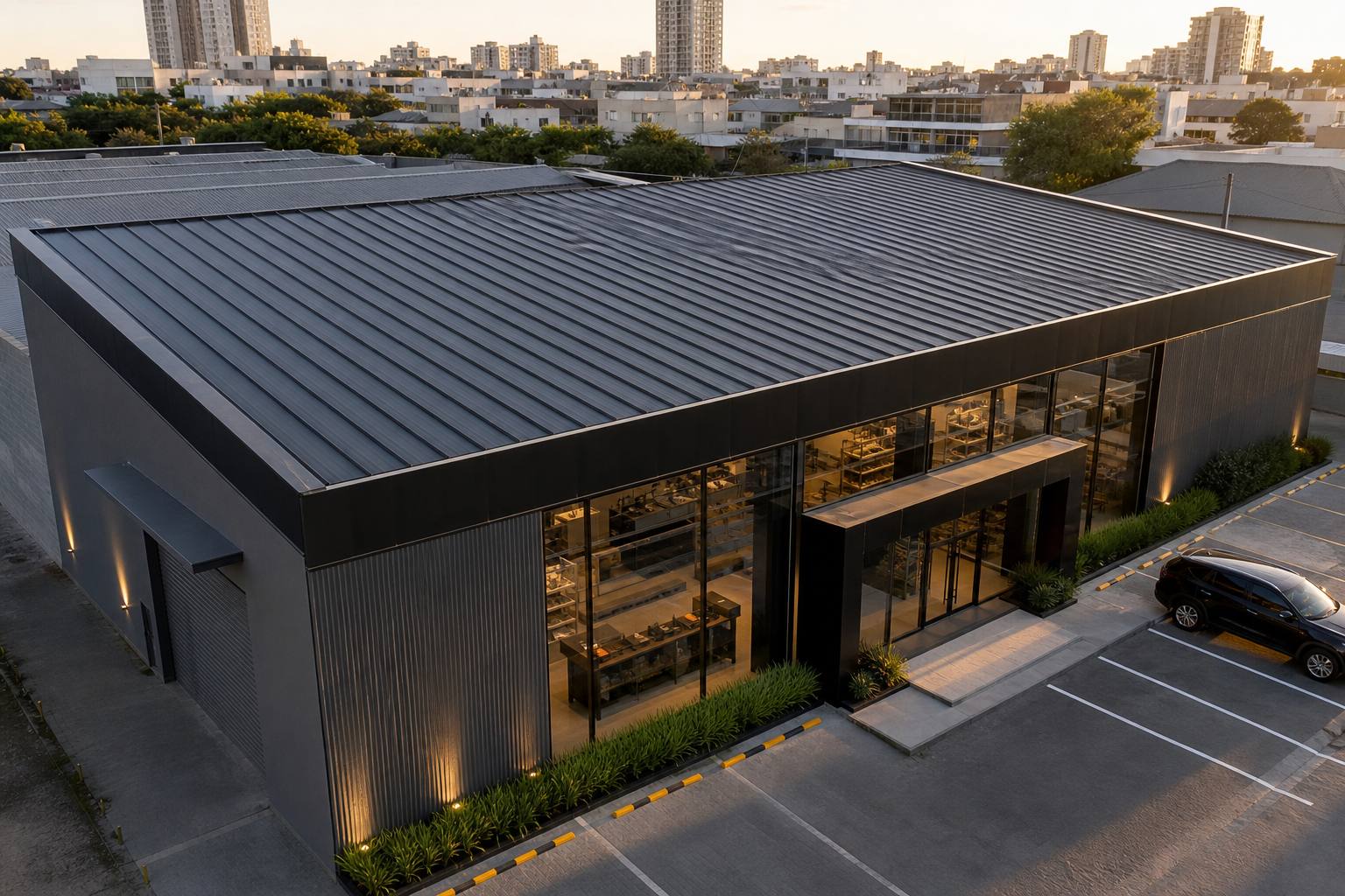 Cobertura metálica aplicada em edifício comercial de médio porte