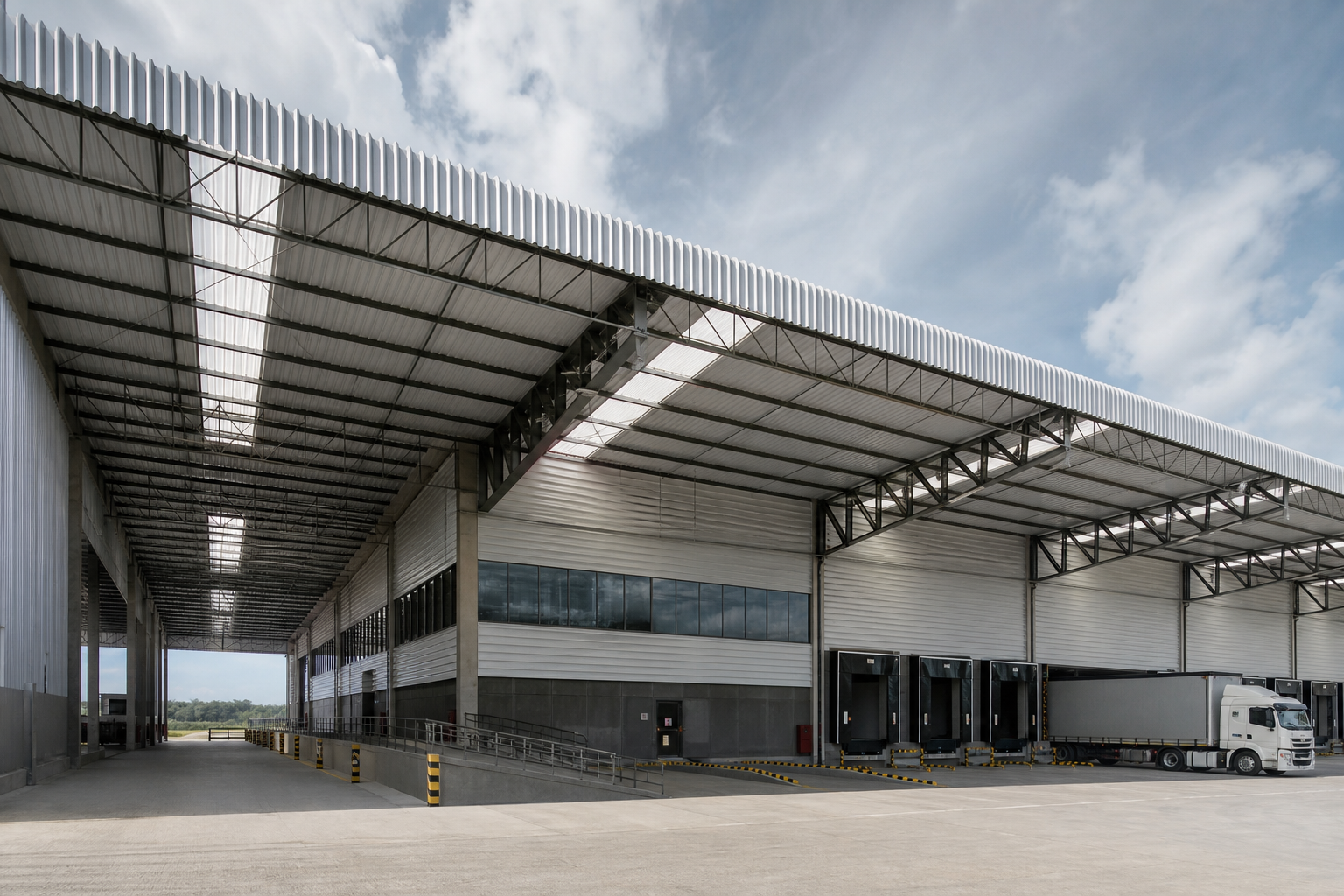 Galpão logístico industrial com cobertura termoacústica metálica em grandes vãos e iluminação natural