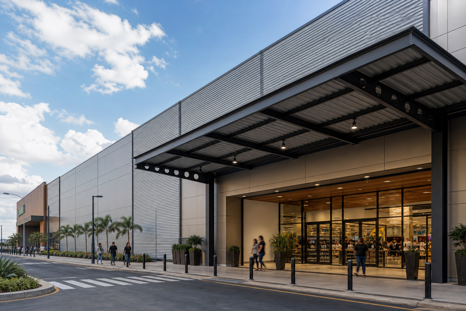 Centro comercial com marquise metálica e fechamento lateral em painéis termoacústicos