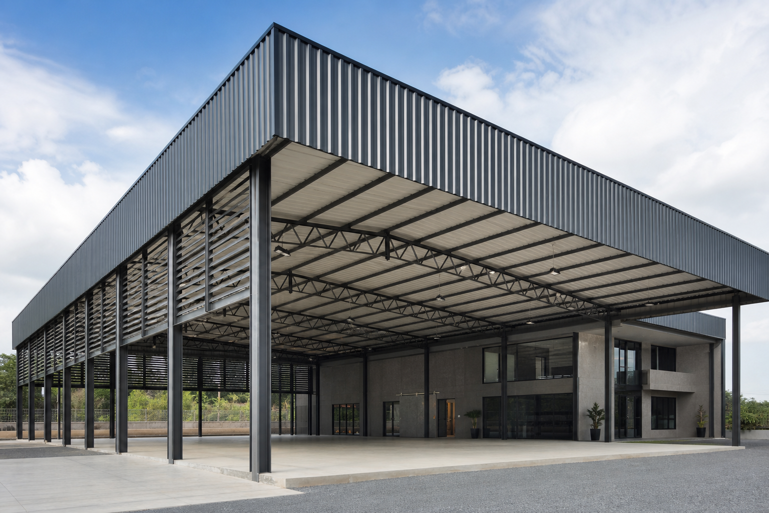 Pavilhão comercial com cobertura metálica em pé-direito alto e fechamento lateral ventilado