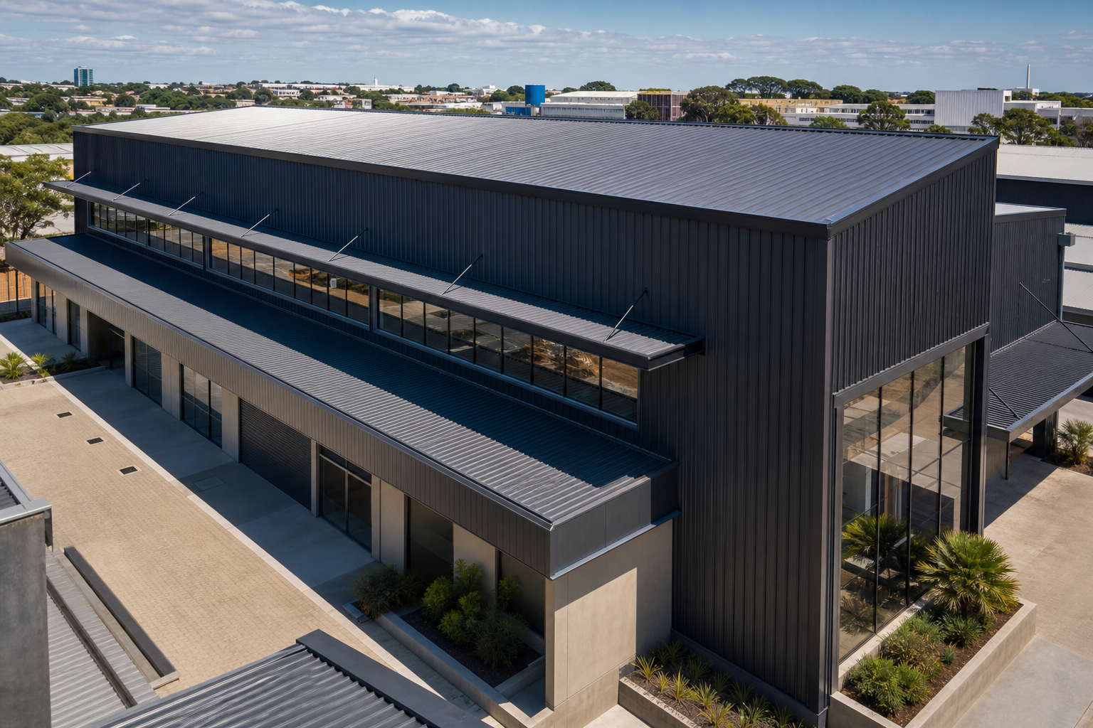 Aplicação premium de cobertura metálica termoacústica em arquitetura contemporânea